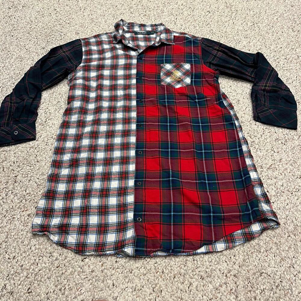 Lauren Ralph Lauren Plaid Patchwork Button Front Sleep Shirt Sz M Preppy Red